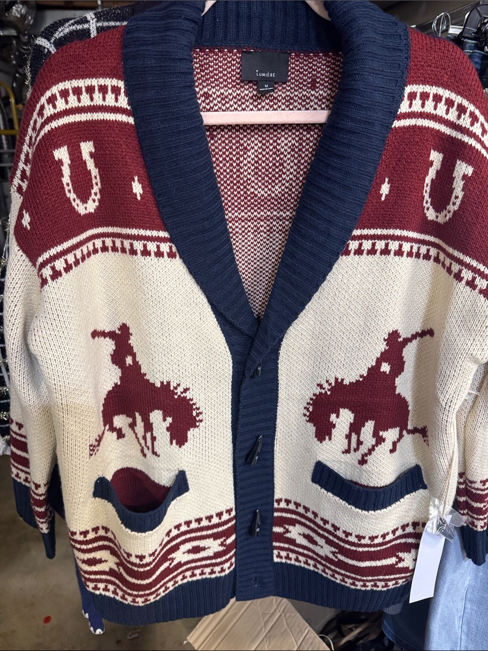 D83. Cream and Burgundy Western-Print Button Cardigan Sweater - Picture 2 of 2